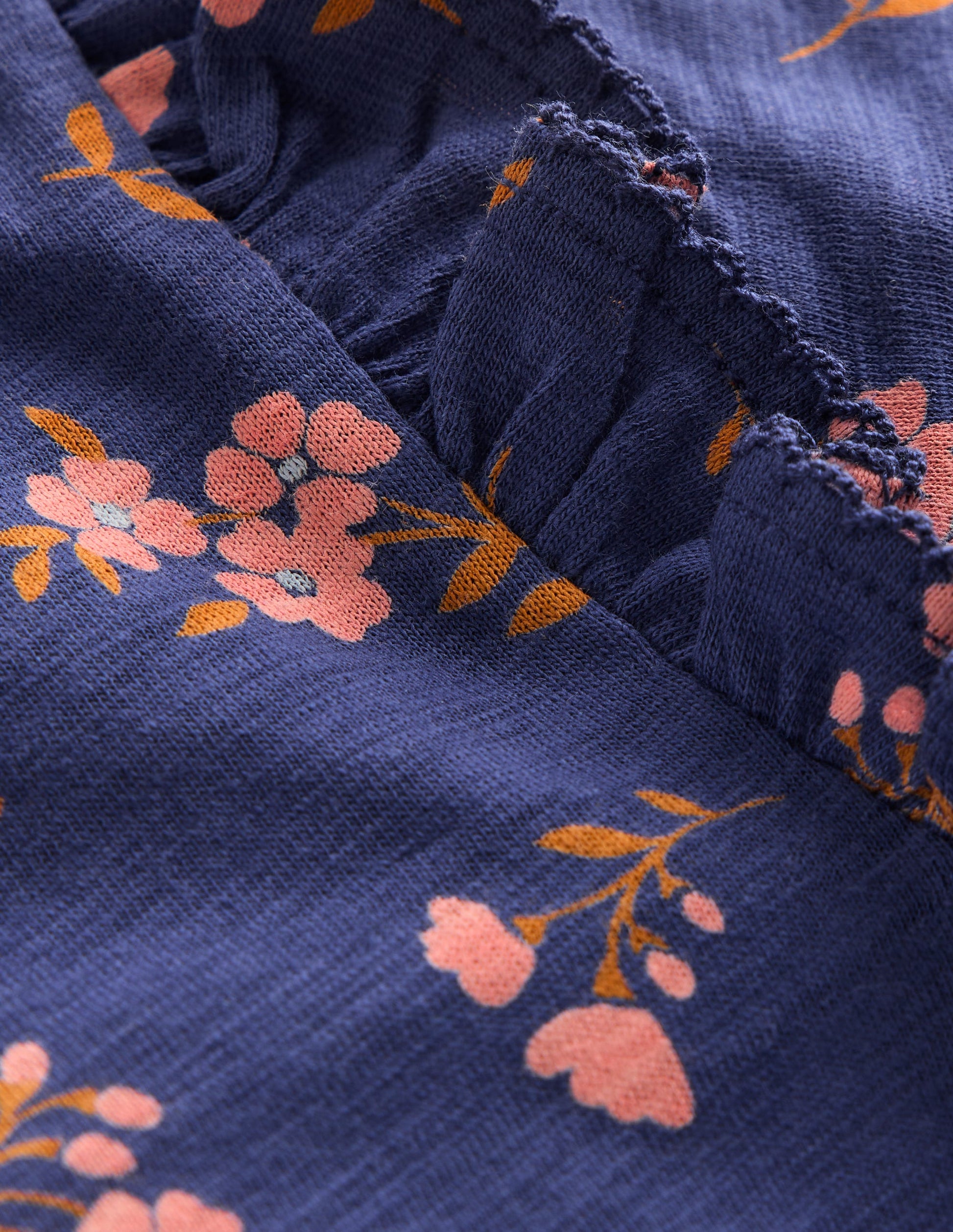 Frill Sleeve Slub Top-Starboard Blue Floral-3