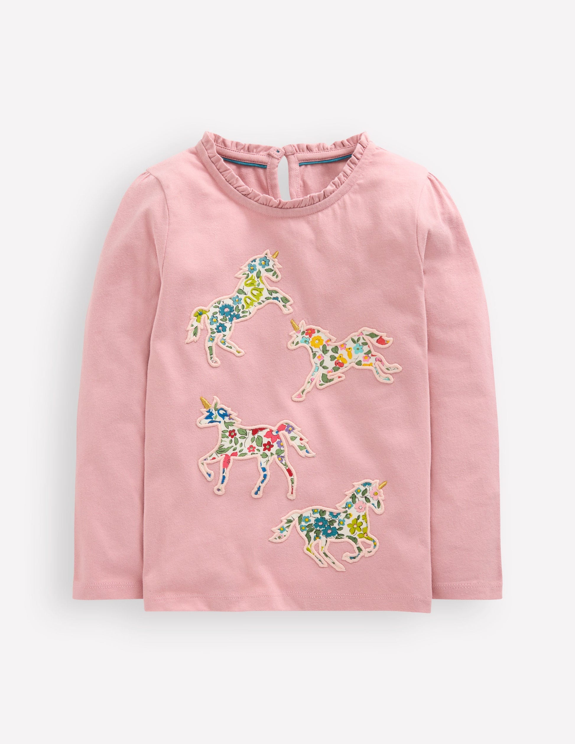 Frill Neck Appliqué T-shirt-Vintage Pink Unicorn-1