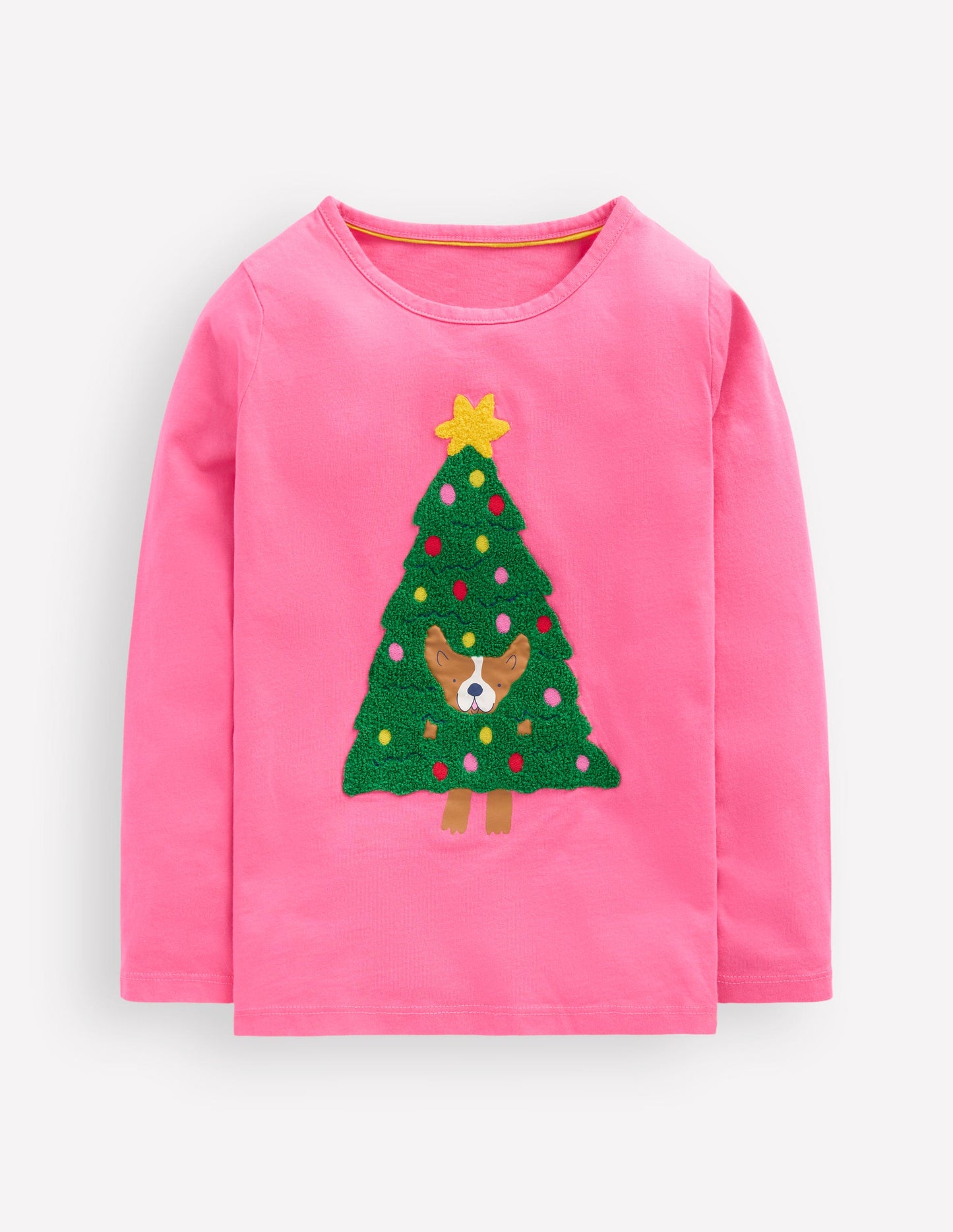 Long Sleeve Bouclé T-shirt-Pink Christmas Tree Dog