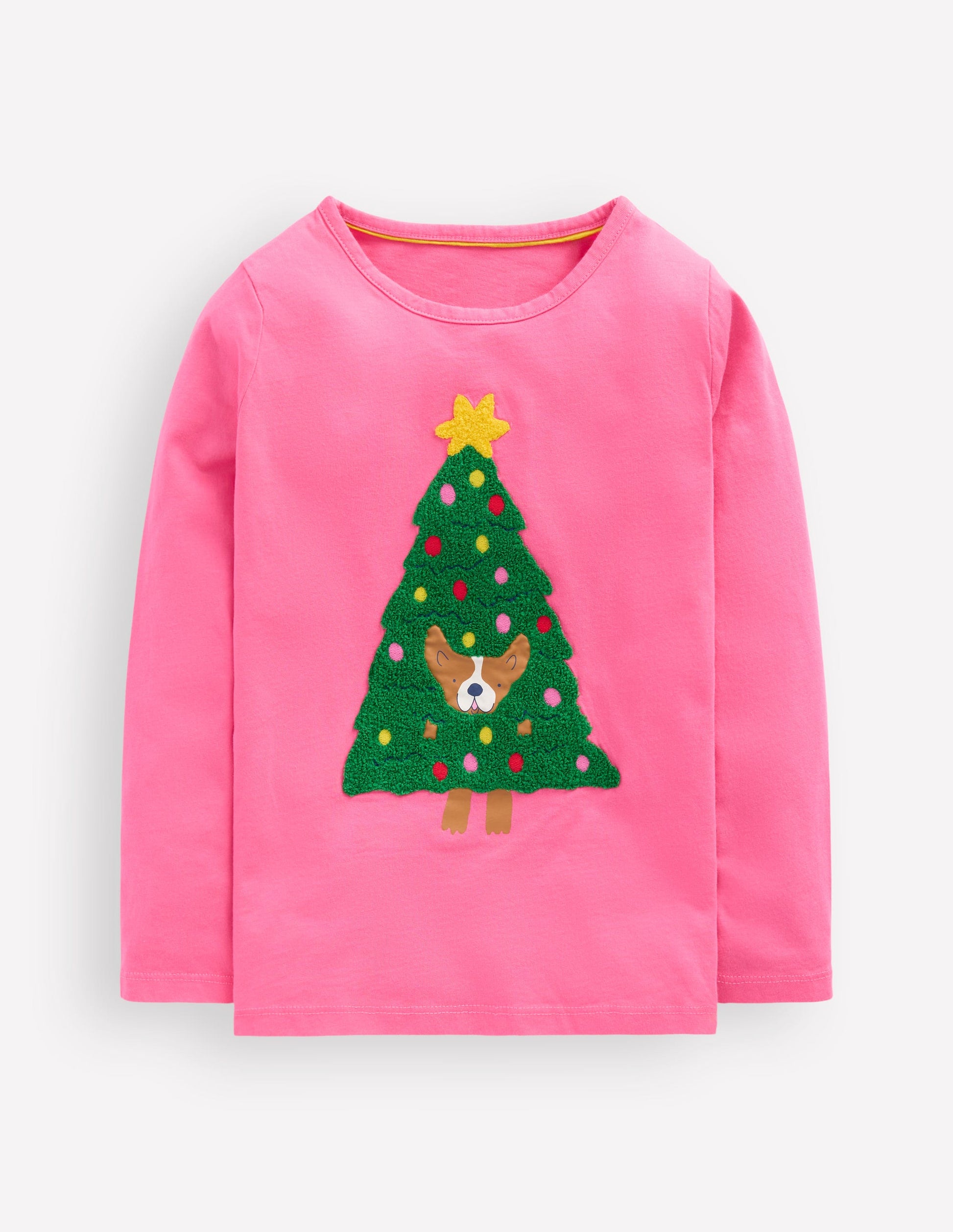 Long Sleeve Bouclé T-shirt-Pink Christmas Tree Dog-1