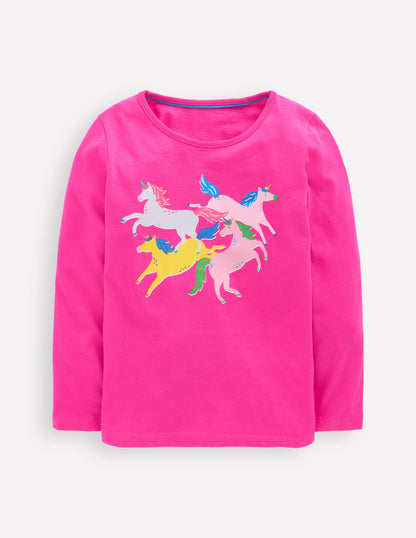 Long Sleeve Riso T-Shirt-Raspberry Pink Unicorns-1