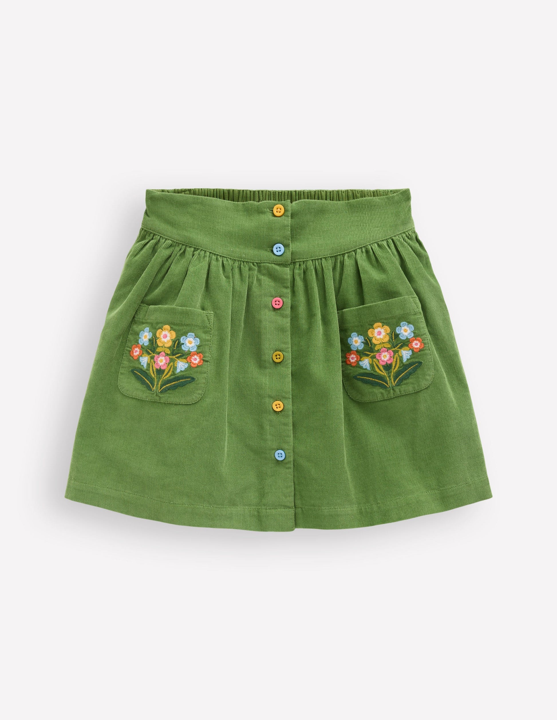 Button-through Mini Skirt-Broccoli Green Flowers-1