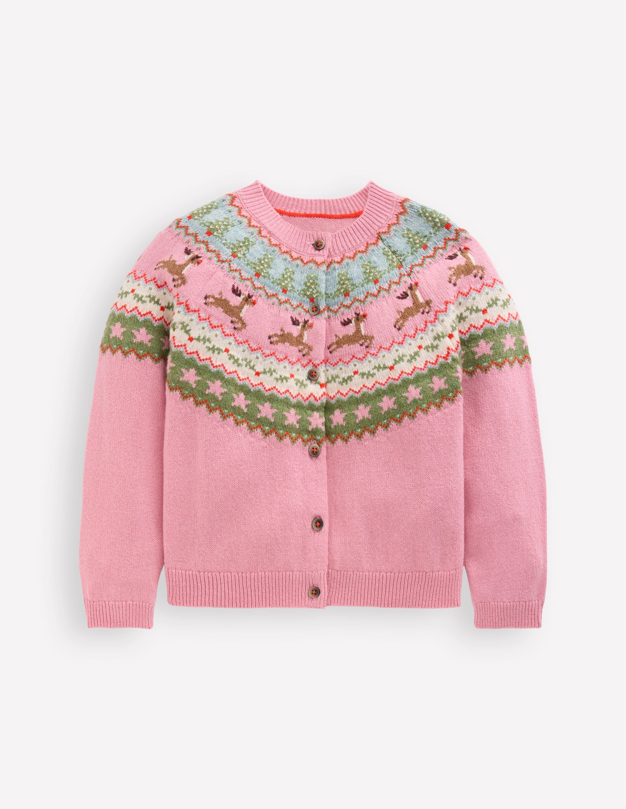 Edie Fair Isle Cardigan-Pink Marl Reindeer - Image 1