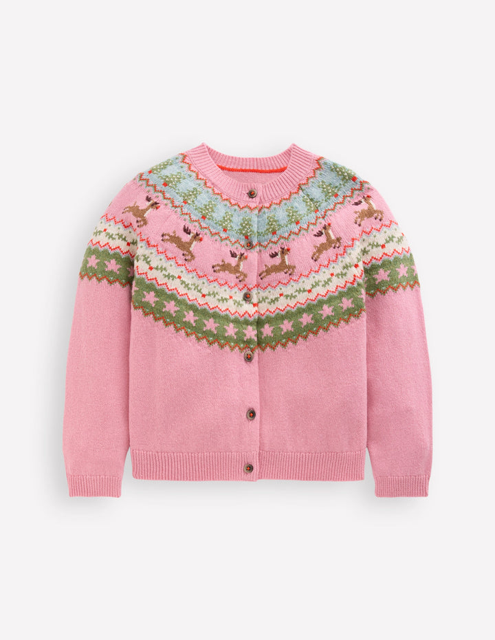 Edie Fair Isle Cardigan-Pink Marl Reindeer