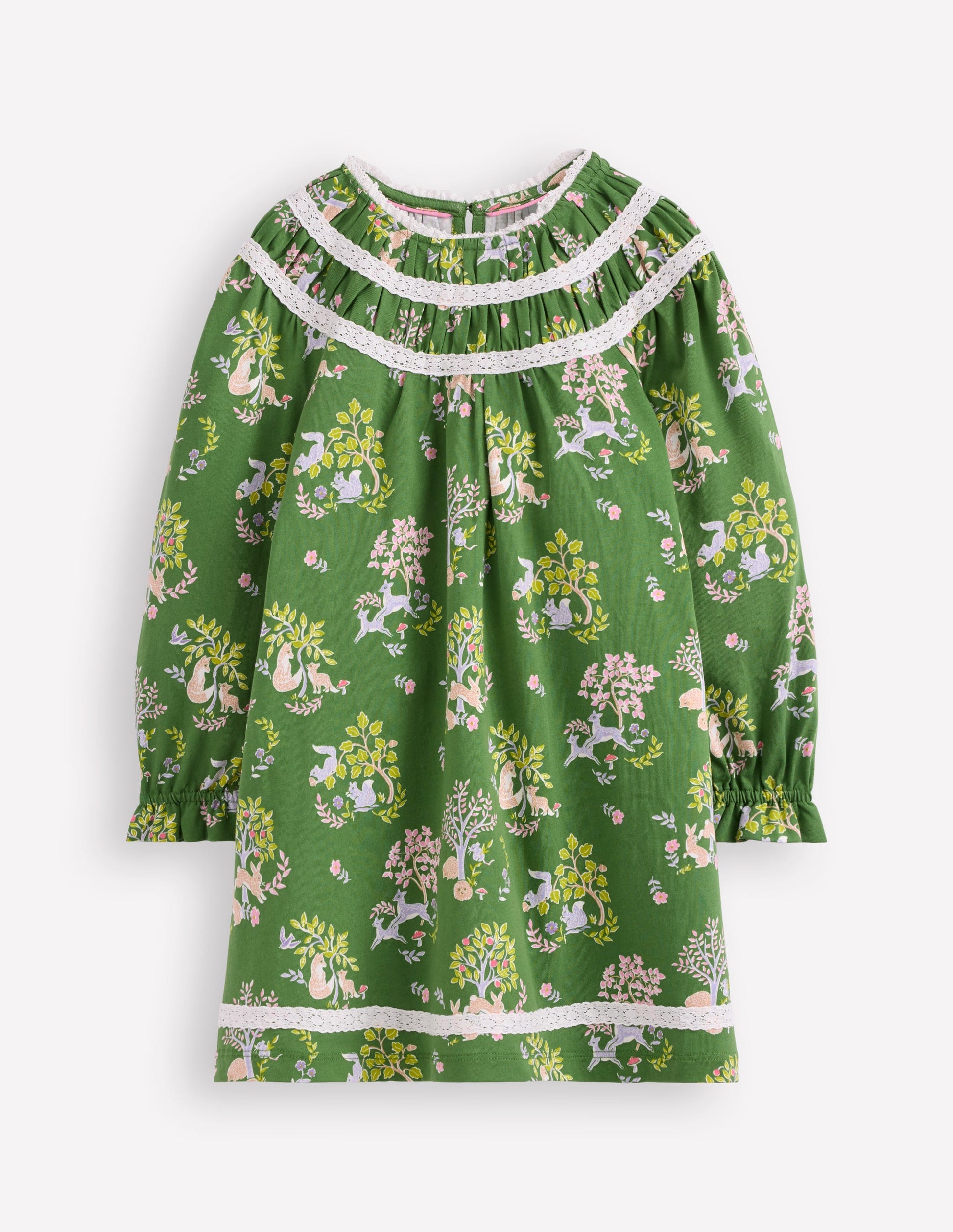 Pretty Lace Trim Jersey Dress-Green Woodland Floral-1