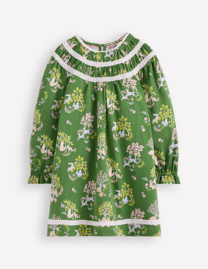 Pretty Lace Trim Jersey Dress-Green Woodland Floral