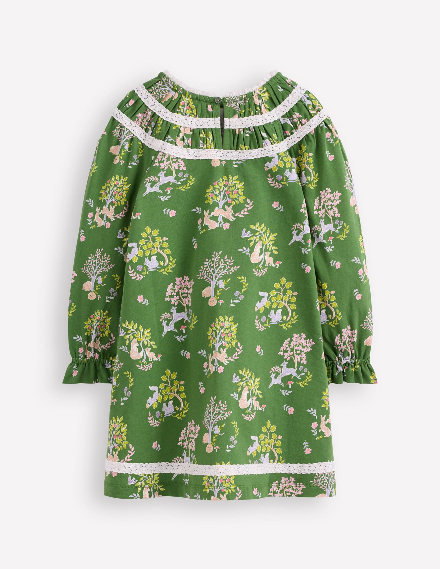 Pretty Lace Trim Jersey Dress-Green Woodland Floral