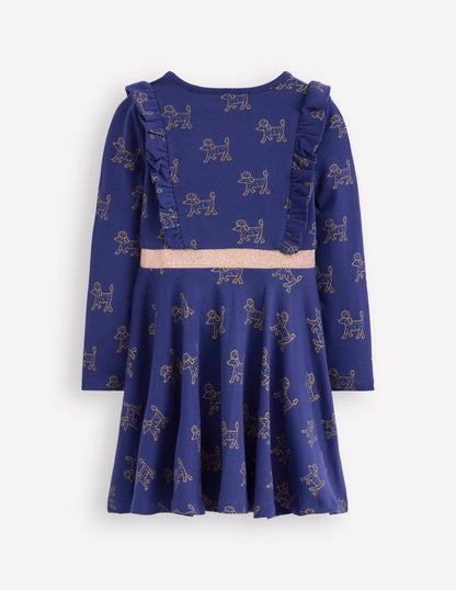 Cora Twirly Jersey Dress-Navy Foil Poodles-2