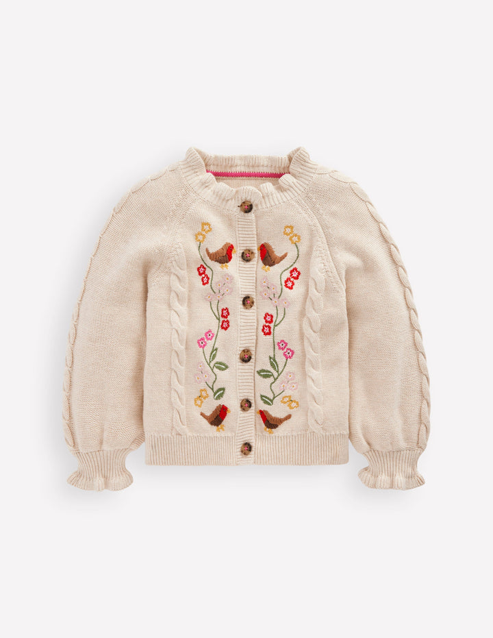 Pretty Embroidered Cardigan-Oatmeal Marl