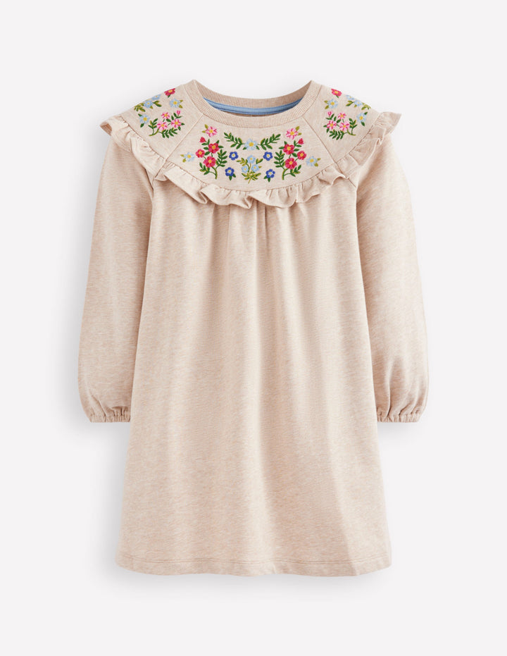 Embroidered Sweatshirt Dress-Oatmeal Marl