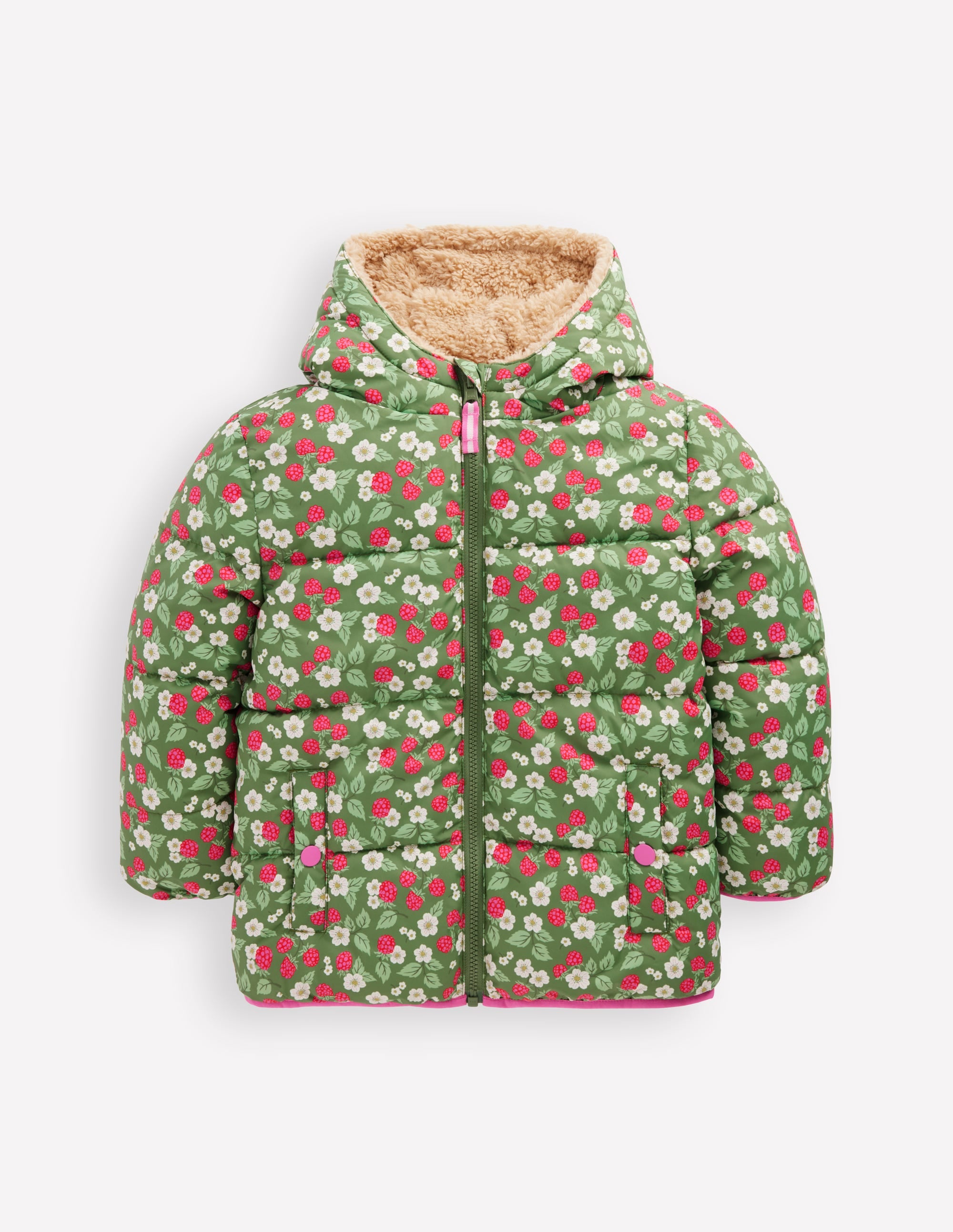 Reversible Padded Borg Coat-Safari Green Vintage Berry - Image 1