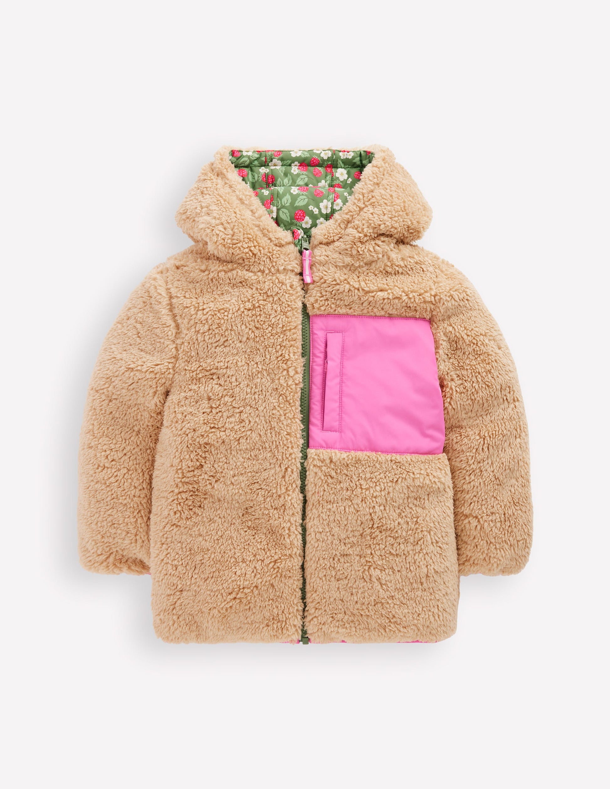 Reversible Padded Borg Coat-Safari Green Vintage Berry-6