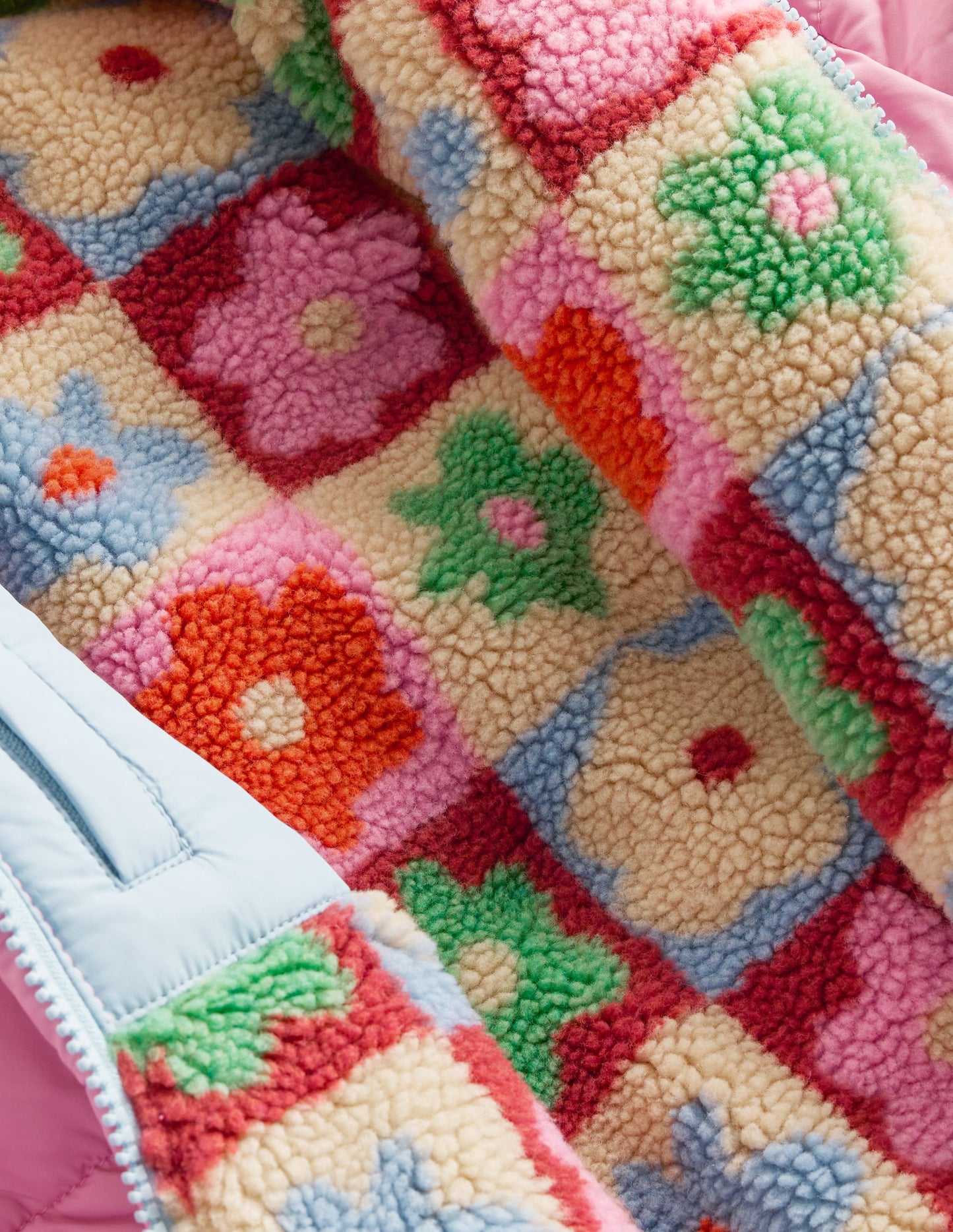 Reversible Padded Borg Coat-Multi Flower Check