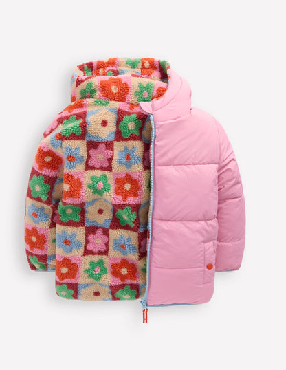 Reversible Padded Borg Coat-Multi Flower Check-5