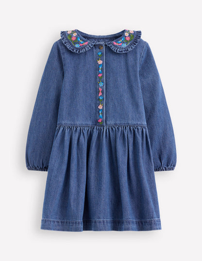 Denim Embroidered Collar Dress-Mid Vintage Denim-1