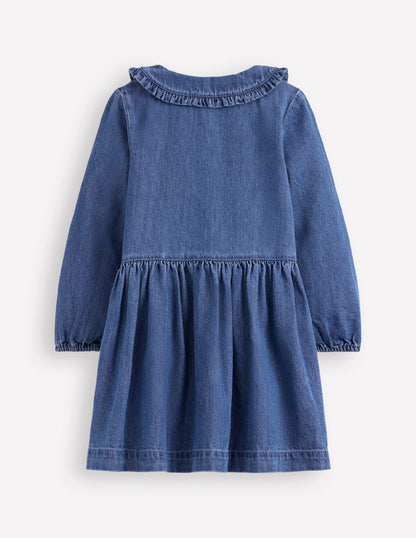 Denim Embroidered Collar Dress-Mid Vintage Denim-2