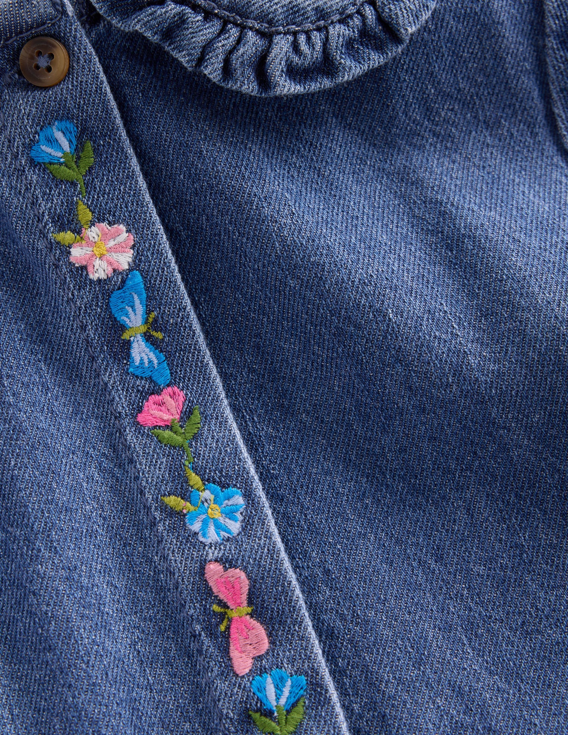 Denim Embroidered Collar Dress-Mid Vintage Denim-3