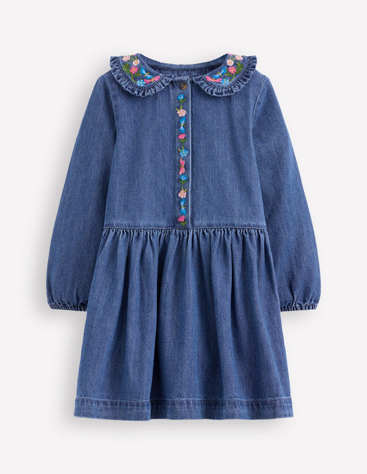Denim Embroidered Collar Dress-Mid Vintage Denim