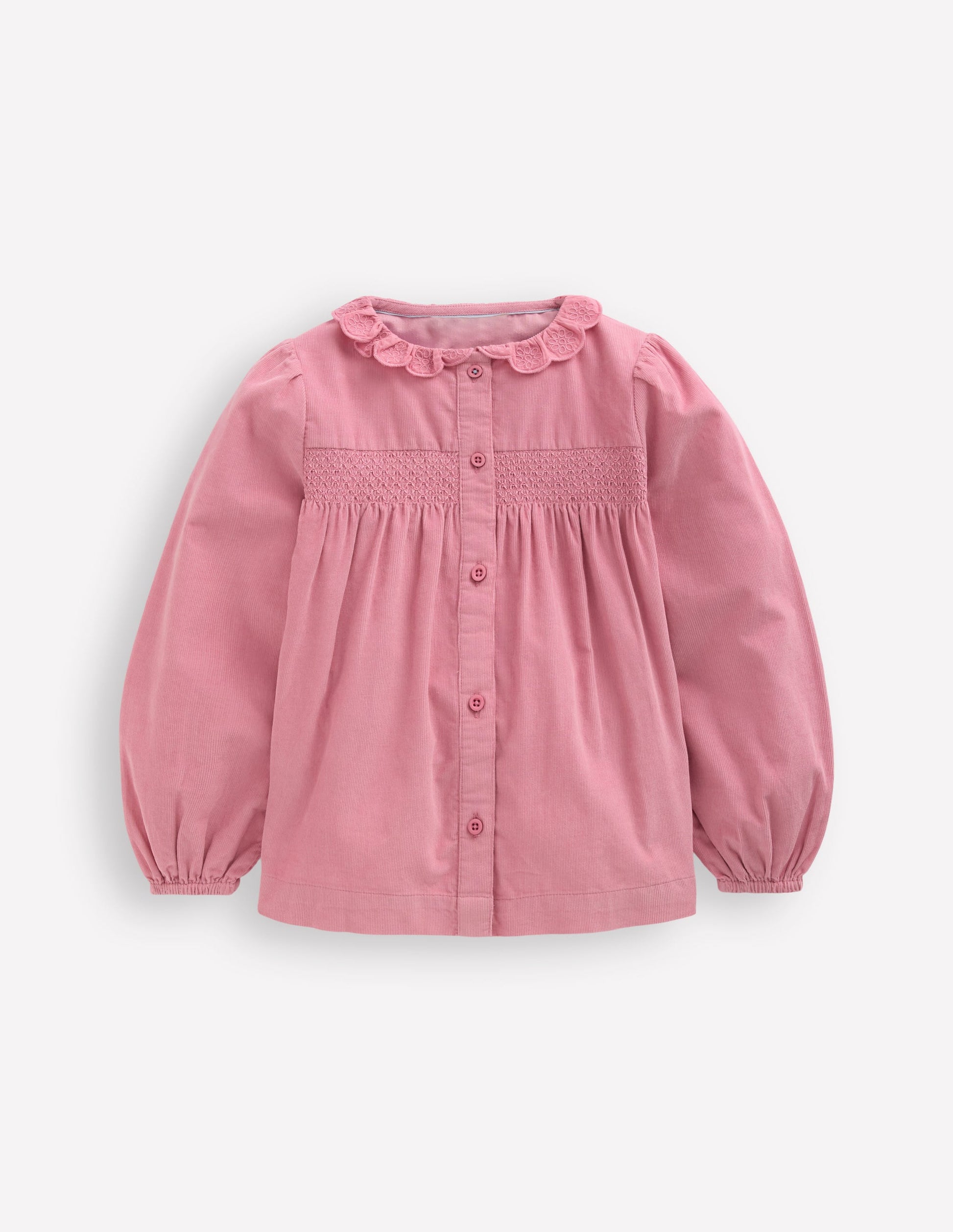 Scalloped Collar Smocked Shirt-Pink Cord-3