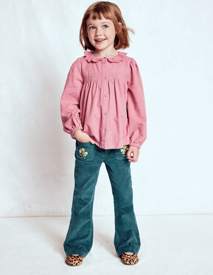Scalloped Collar Smocked Shirt-Pink Cord