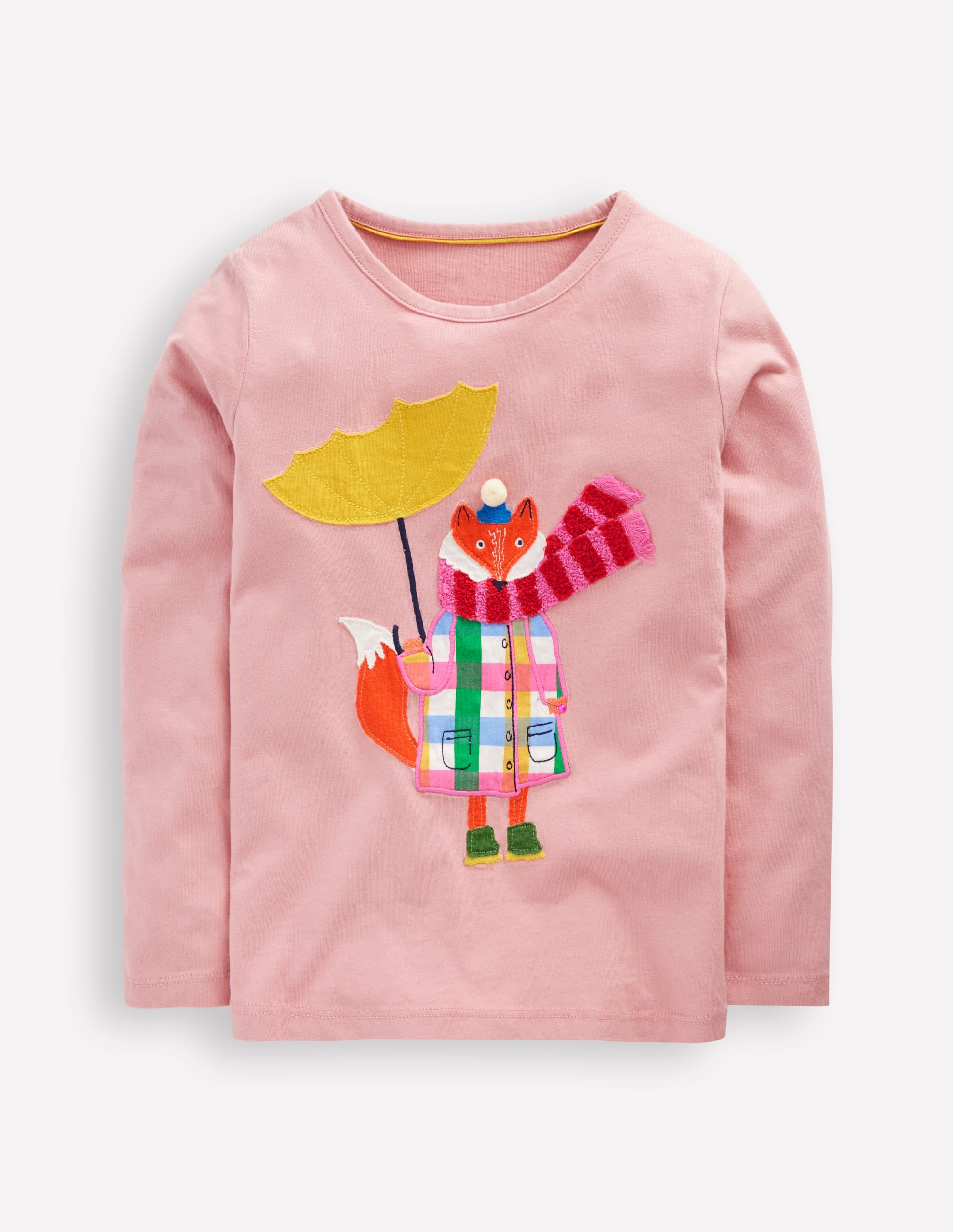 Long Sleeve Appliqué T-shirt-Vintage Pink Weather Fox - Image 1