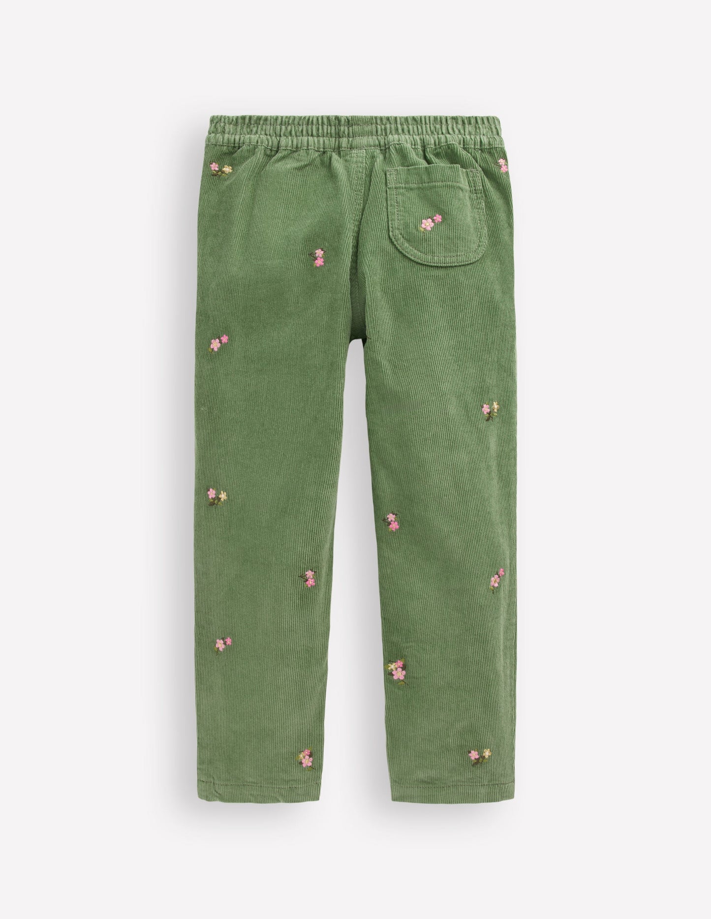 Cord Pull-On Trousers-Broccoli Green Embroidered