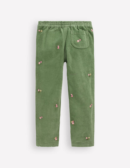 Cord Pull-On Trousers-Broccoli Green Embroidered-2