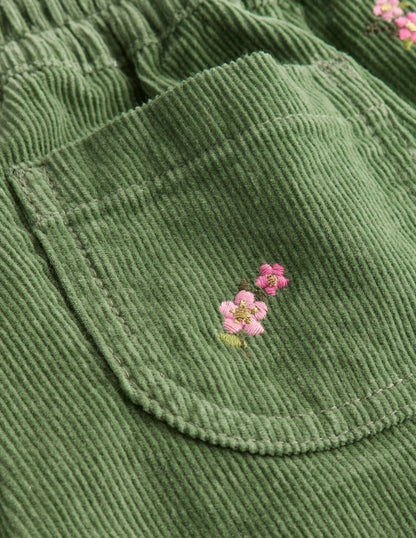 Cord Pull-On Trousers-Broccoli Green Embroidered-3
