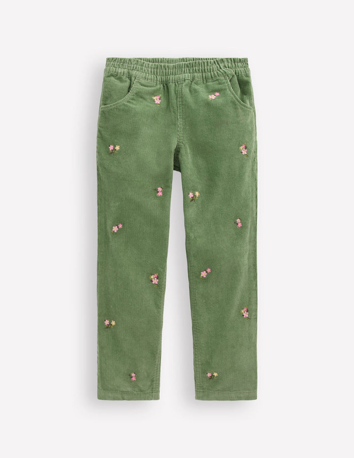 Cord Pull-On Trousers-Broccoli Green Embroidered