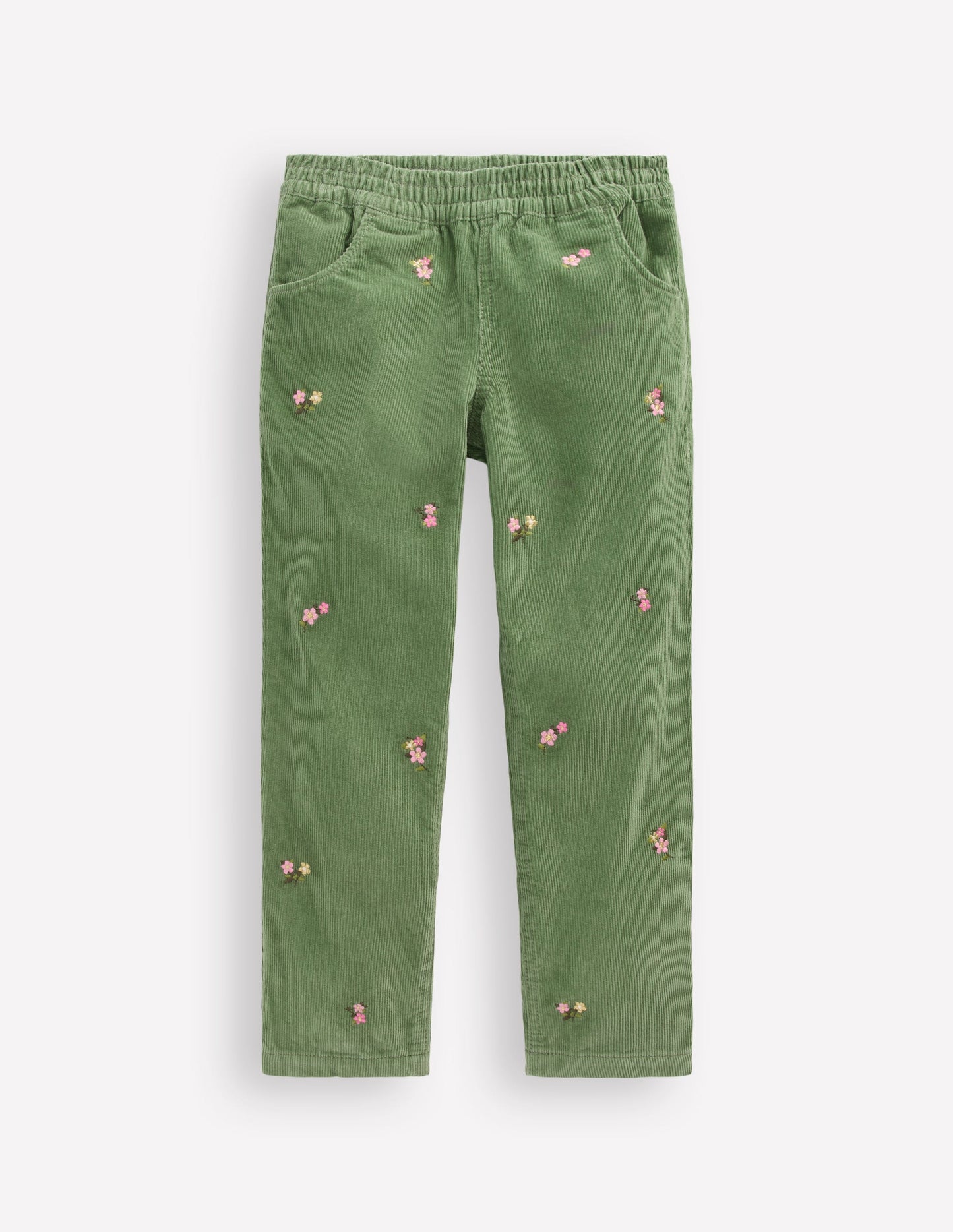 Cord Pull-On Trousers-Broccoli Green Embroidered