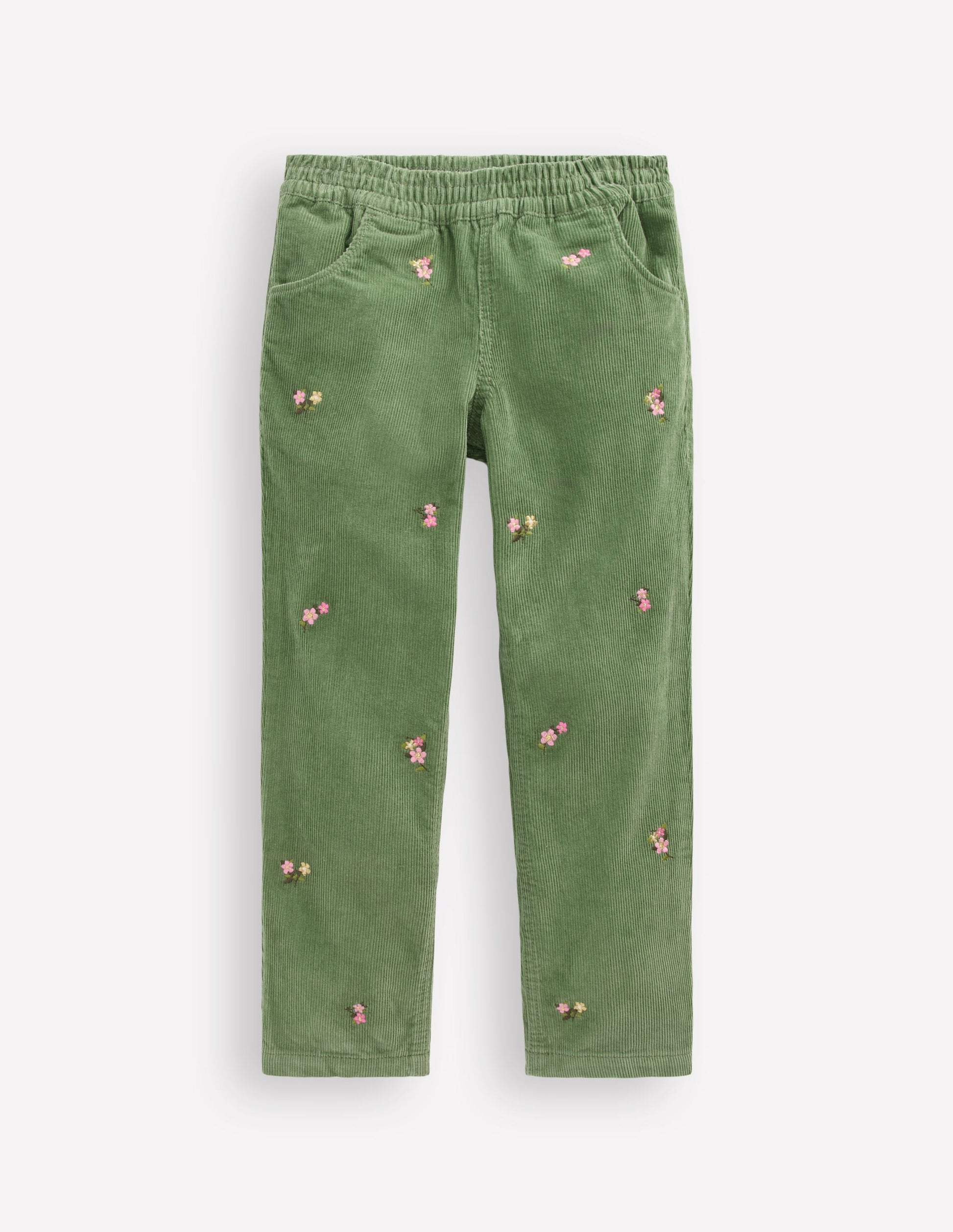 Cord Pull-On Trousers-Broccoli Green Embroidered-1