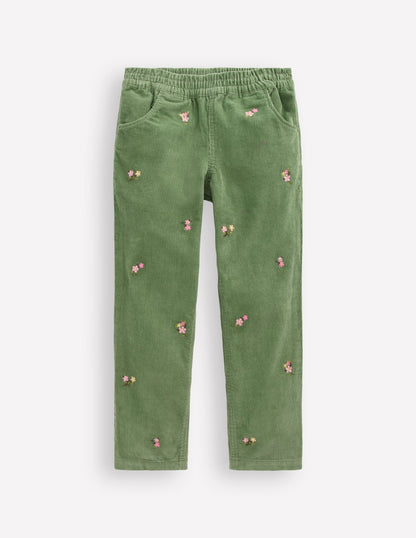 Cord Pull-On Trousers-Broccoli Green Embroidered-1