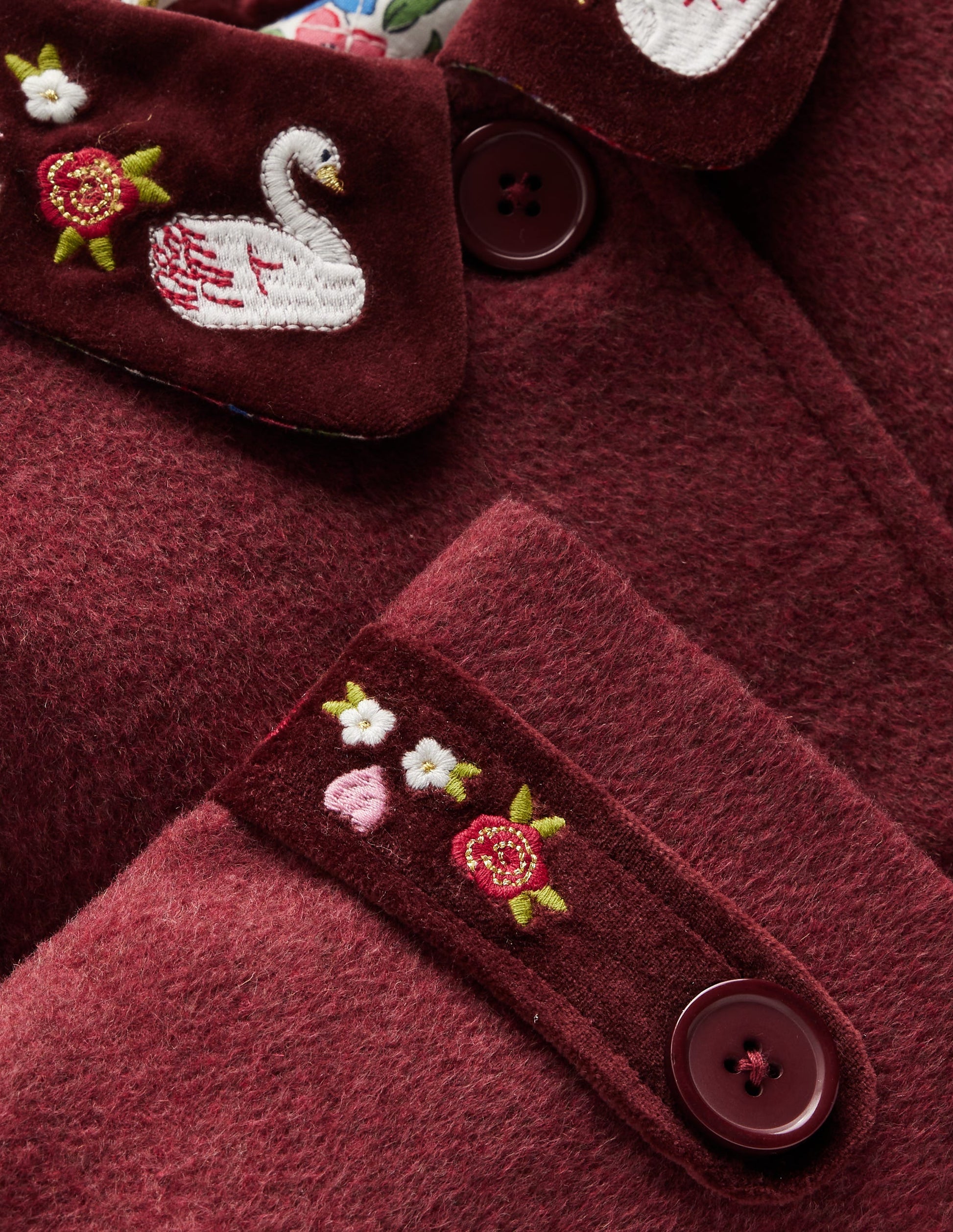 Wool Blend Coat-Chestnut Swan Embroidery-3