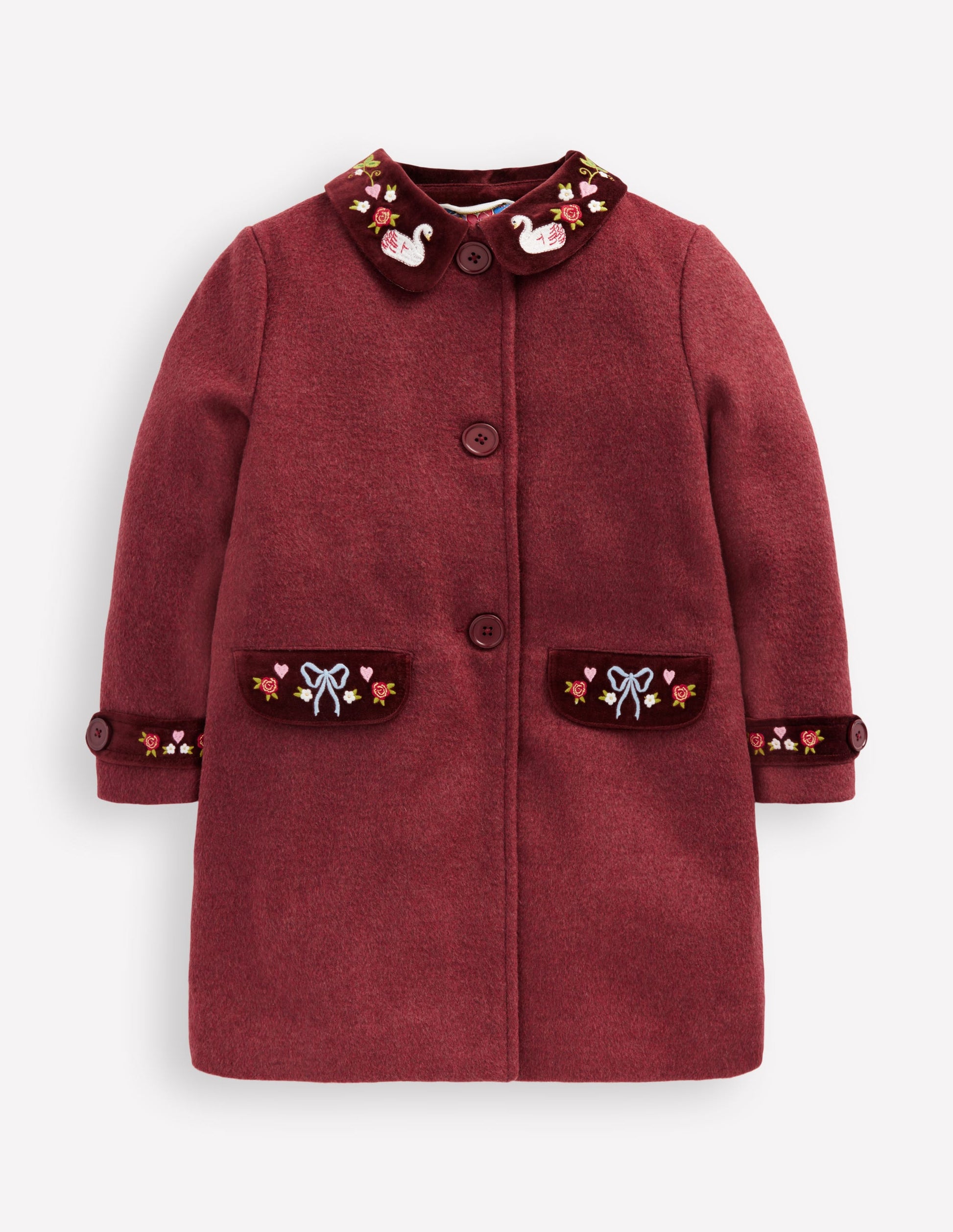 Wool Blend Coat-Chestnut Swan Embroidery-1