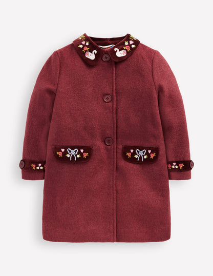 Wool Blend Coat-Chestnut Swan Embroidery-1