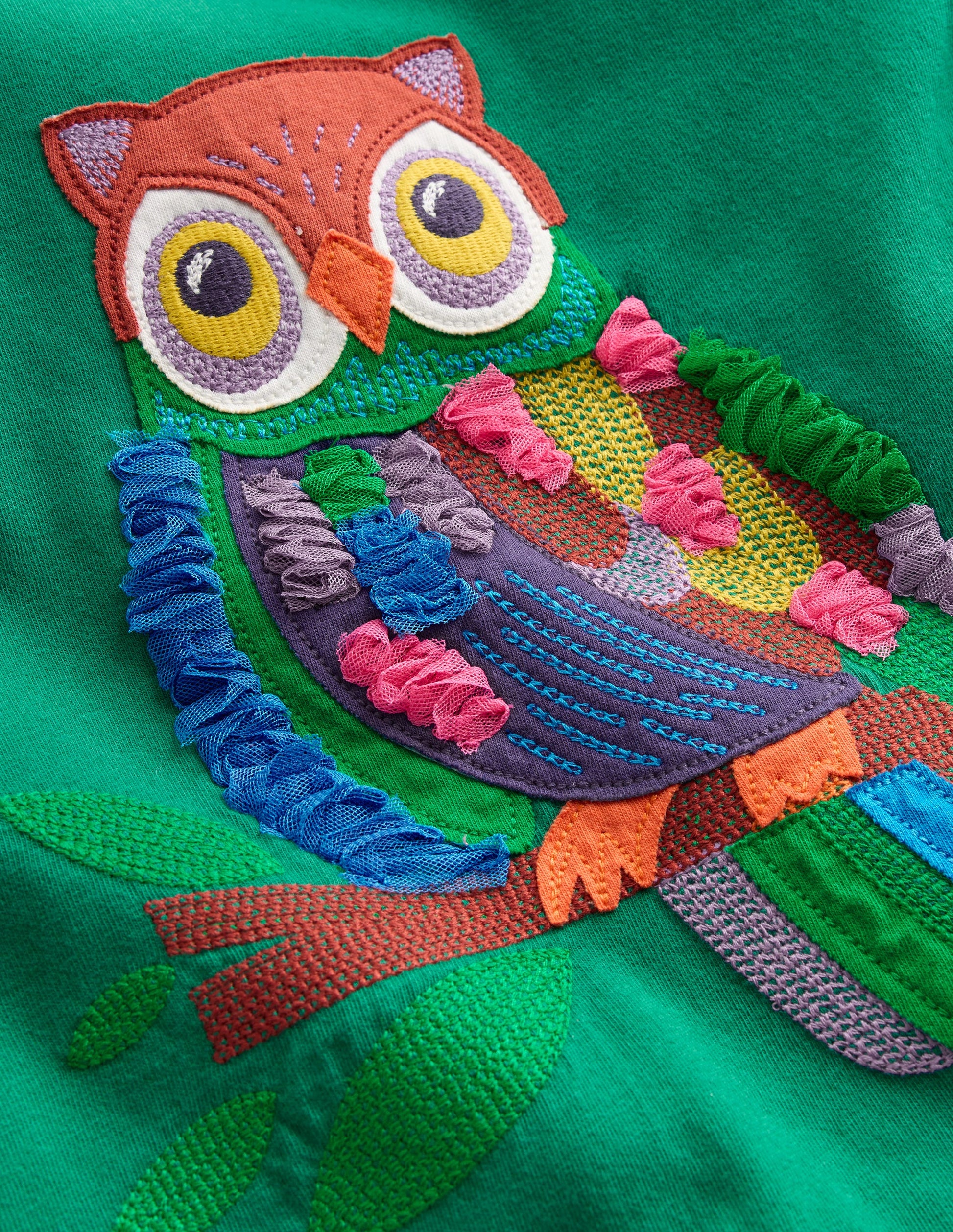 Puff Sleeve Appliqué  T-shirt-Green Owl-3