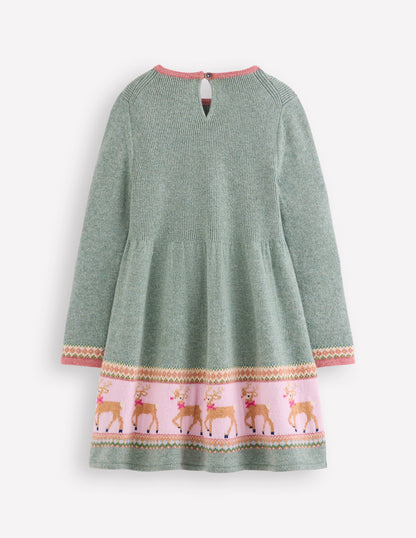 Fair Isle Knitted Dress-Eucalyptus Reindeer Fair Isle-2