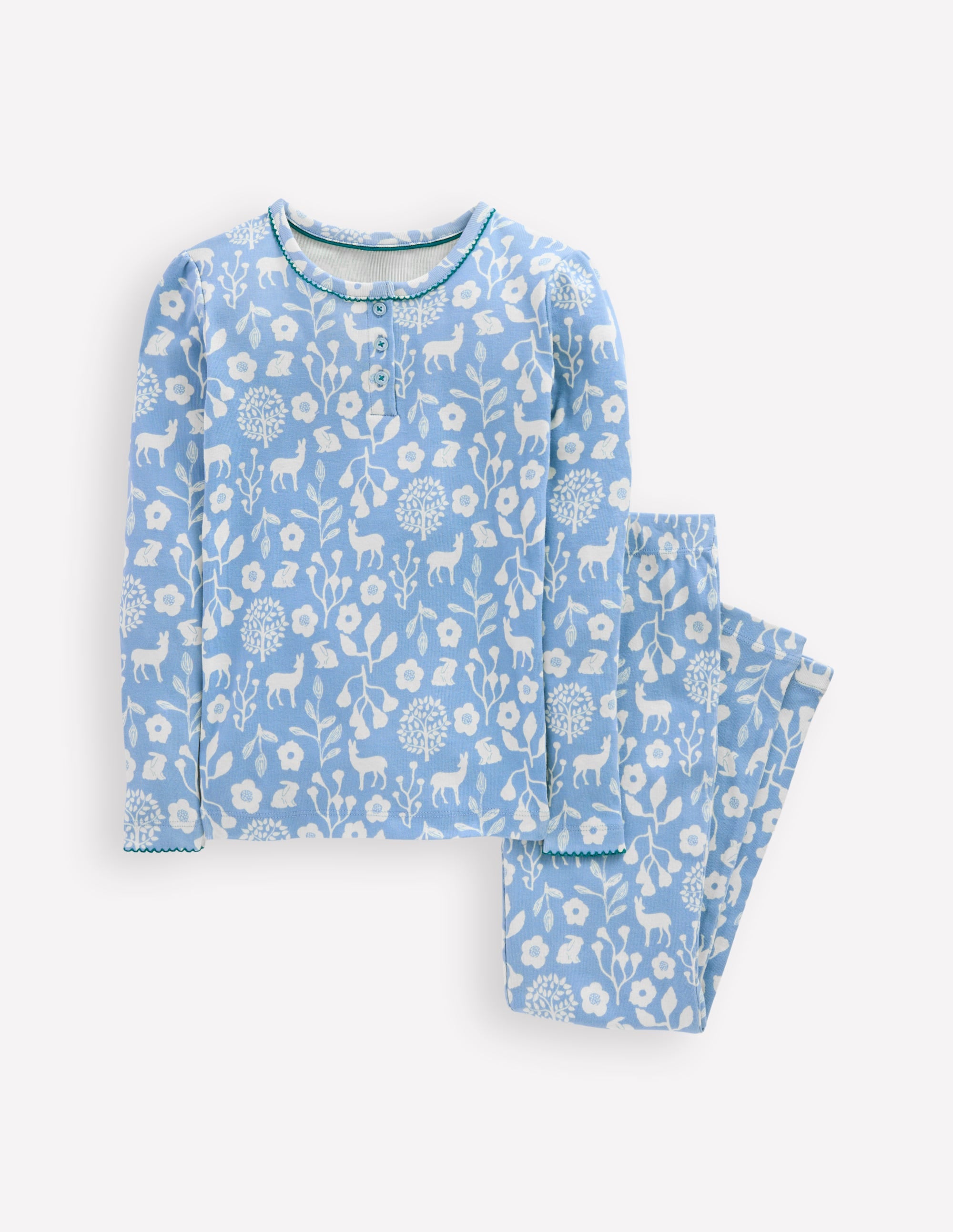 Snug Henley Pyjamas-Glacier Blue Woodland Print - Image 1