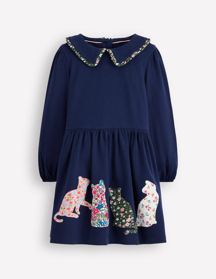 Pretty Appliqué Jersey Dress-College Navy Cats