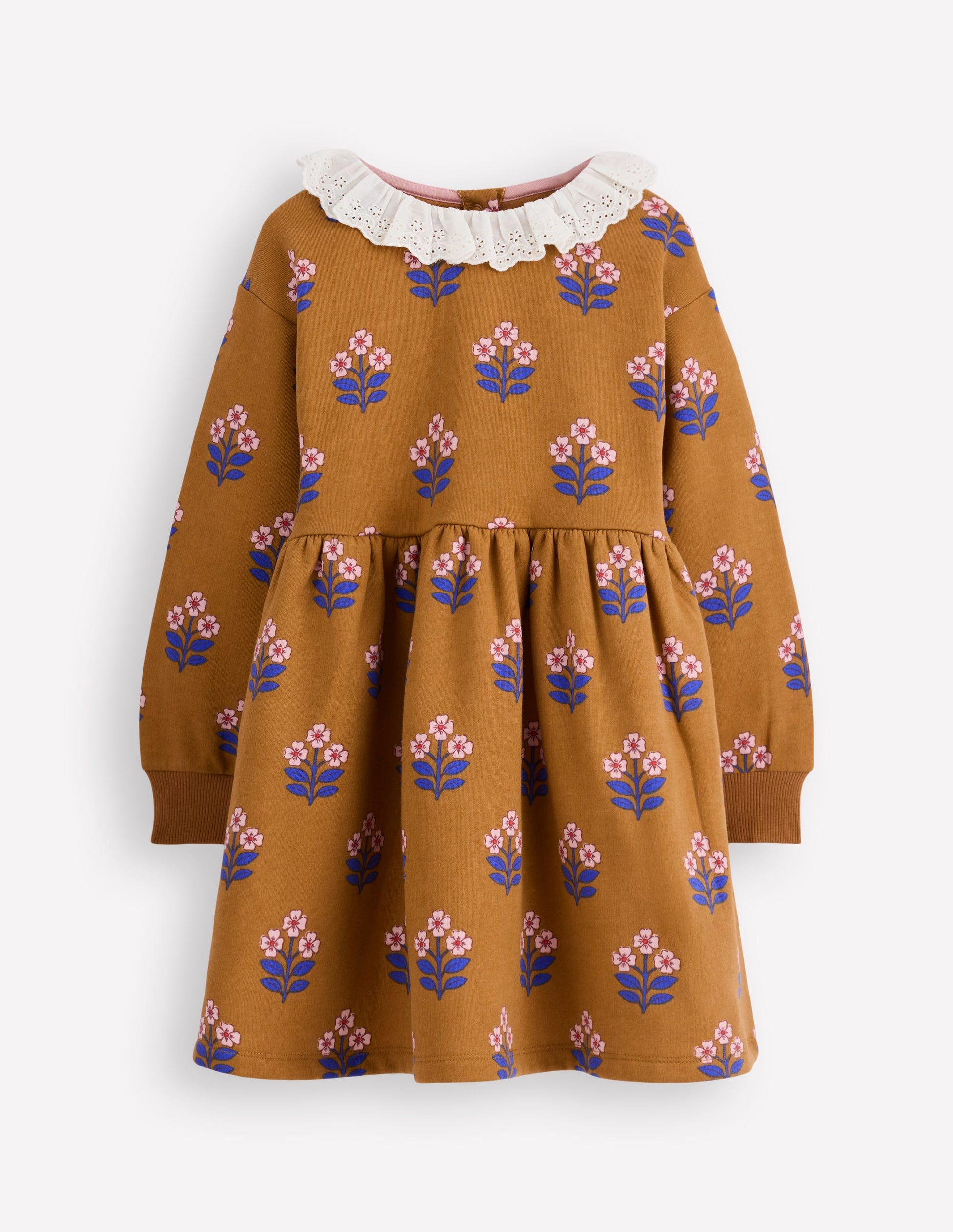 Broderie Sweatshirt Dress-Toffee Brown Flower Stamp-1