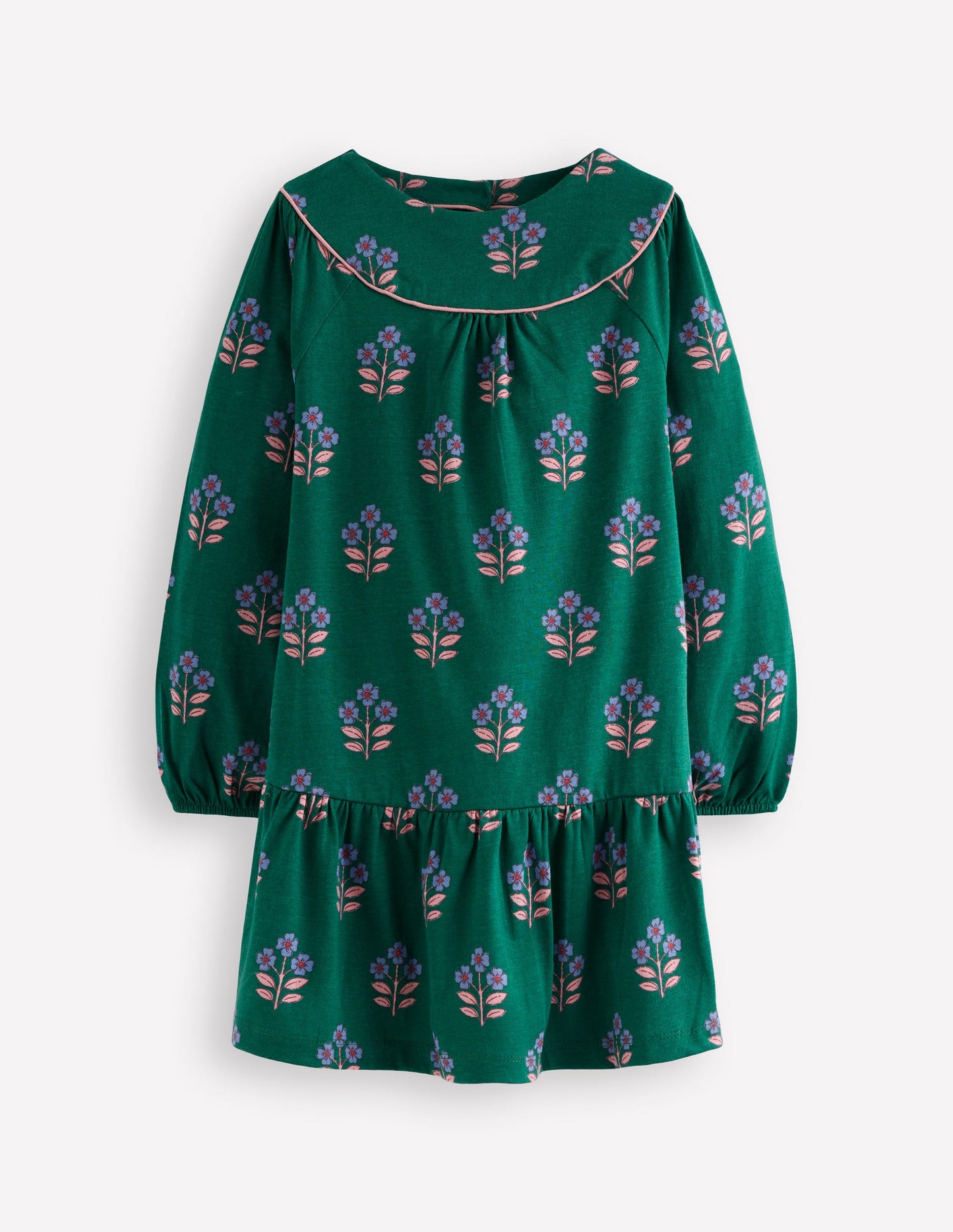Curved Yoke Jersey Dress-Jewel Green Flower Stamp