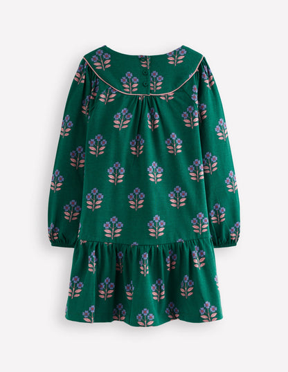 Curved Yoke Jersey Dress-Jewel Green Flower Stamp-2