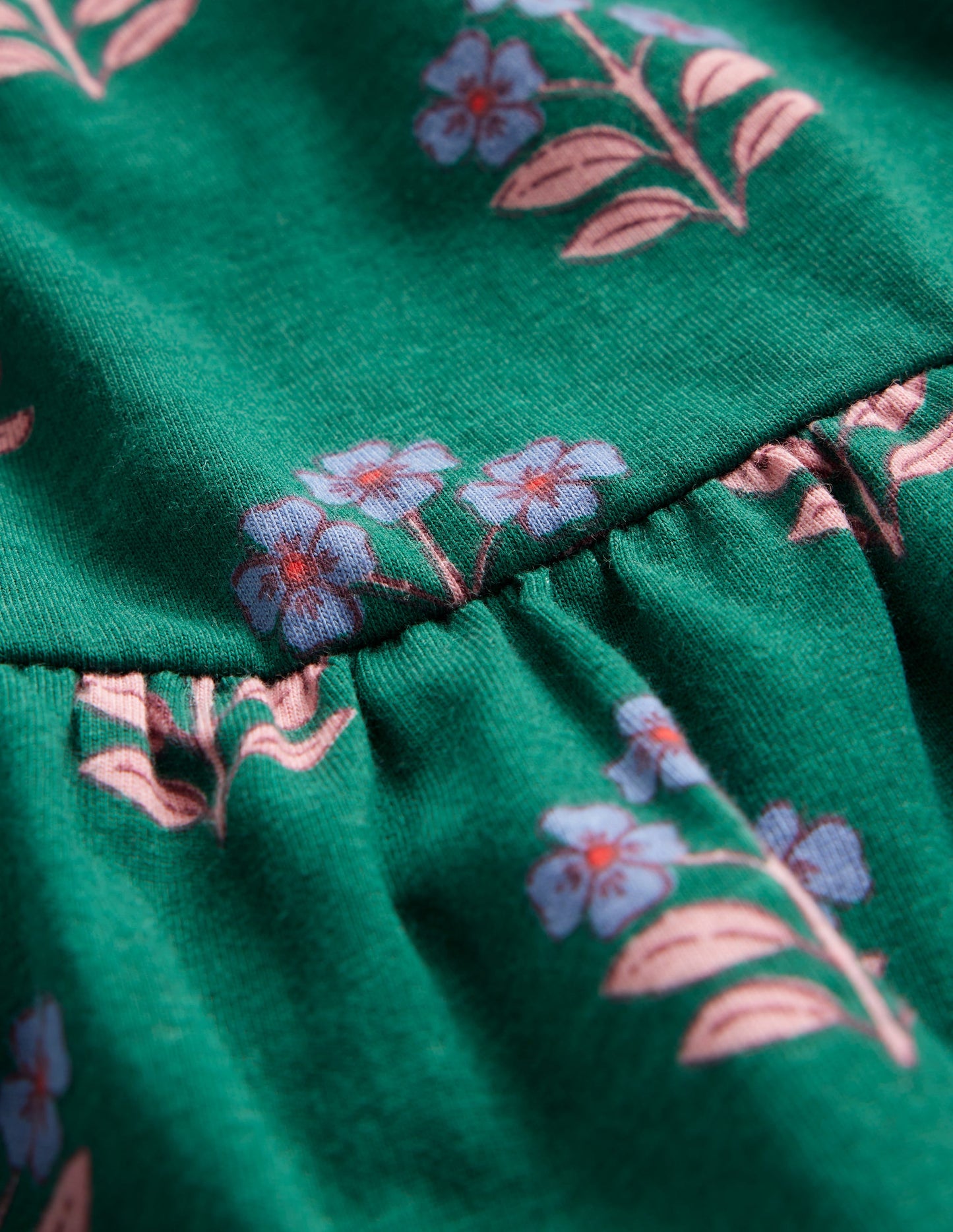 Curved Yoke Jersey Dress-Jewel Green Flower Stamp