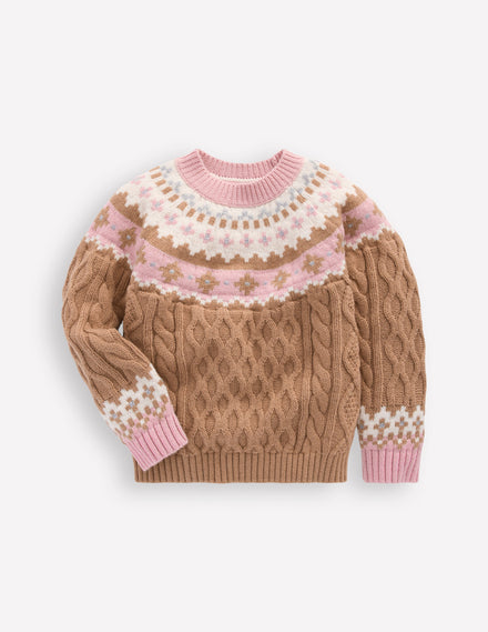 Fair Isle Cable Jumper-Camel Melange