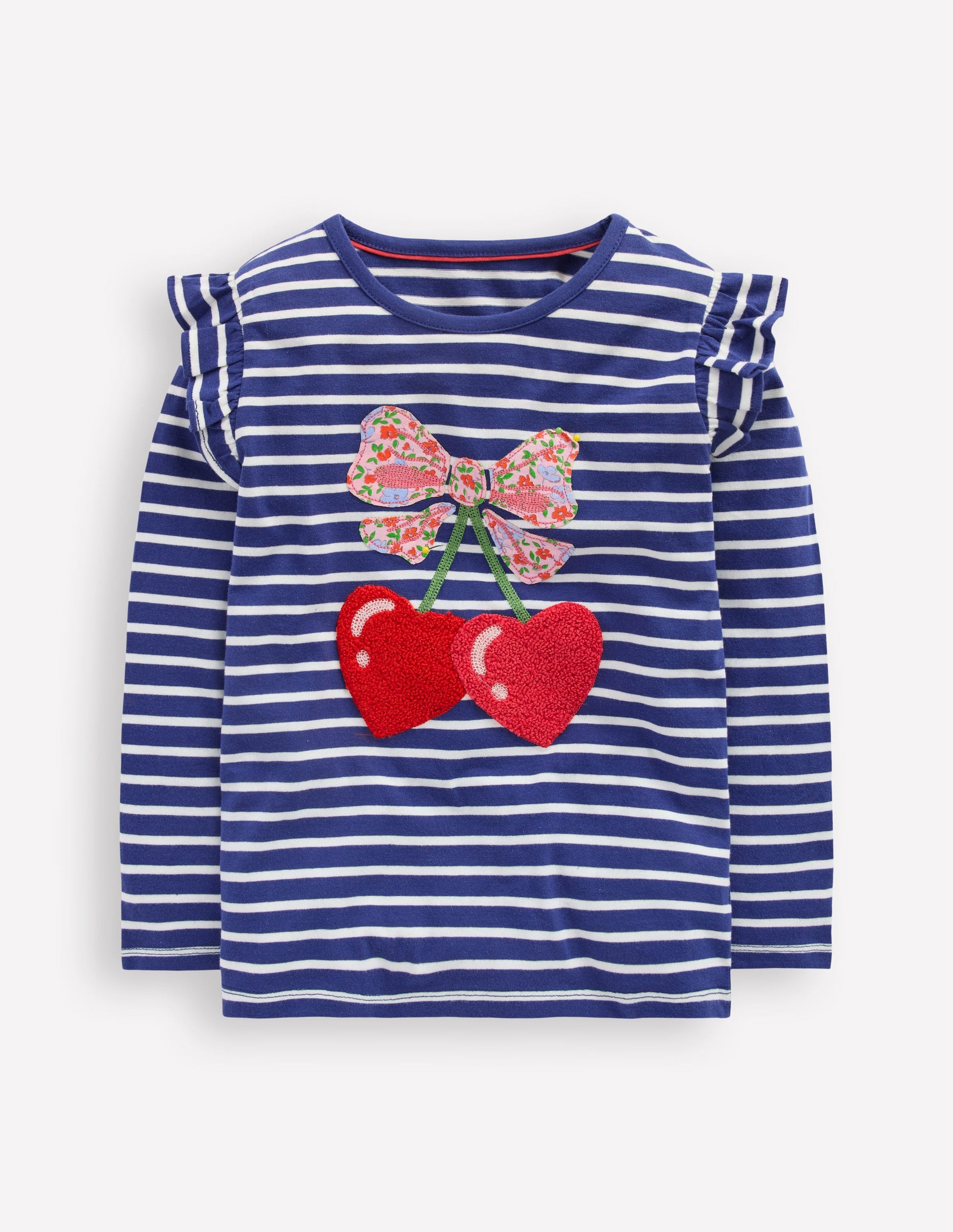 Frill Sleeve Appliqué T-shirt-Starboard Blue Cherry Hearts-1