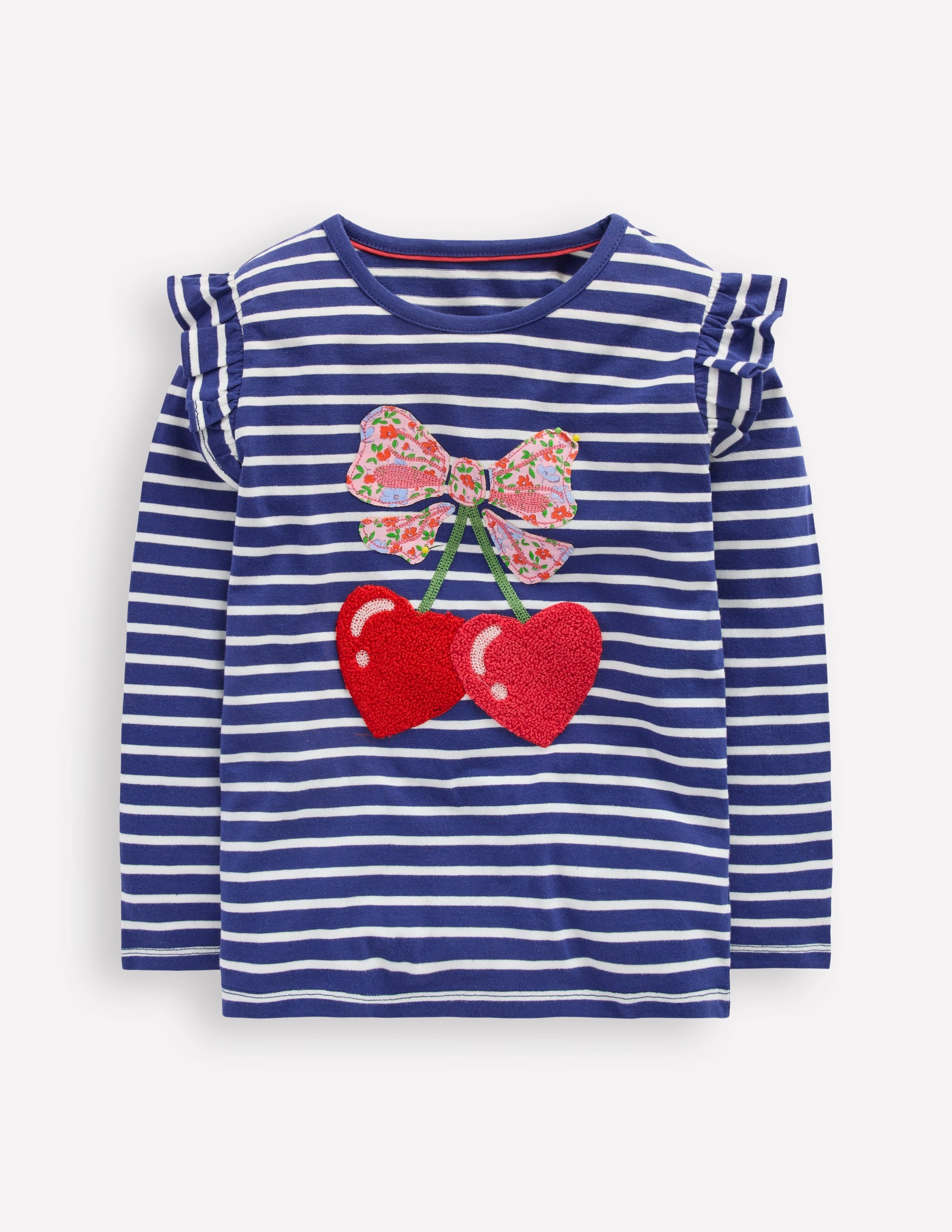 Frill Sleeve Appliqué T-shirt-Starboard Blue Cherry Hearts - Image 1