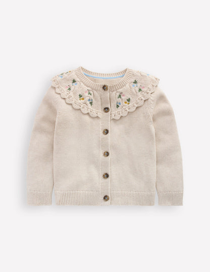 Embroidered Yoke Cardigan-Oatmeal Marl-1
