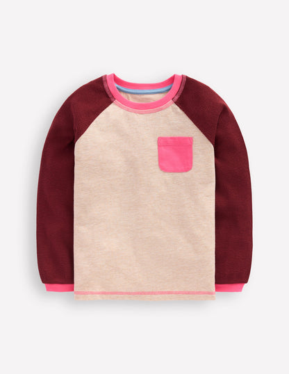 Raglan Waffle Mix Top-Oatmeal Marl/Chestnut-1