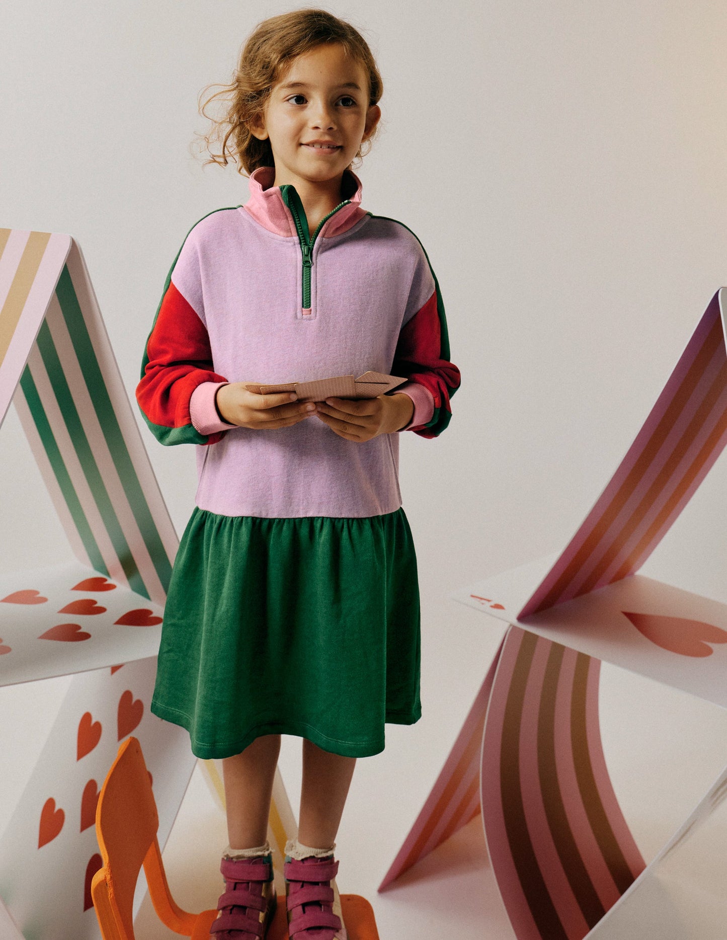 Half Zip Sweat Dress-Colour Block Marl