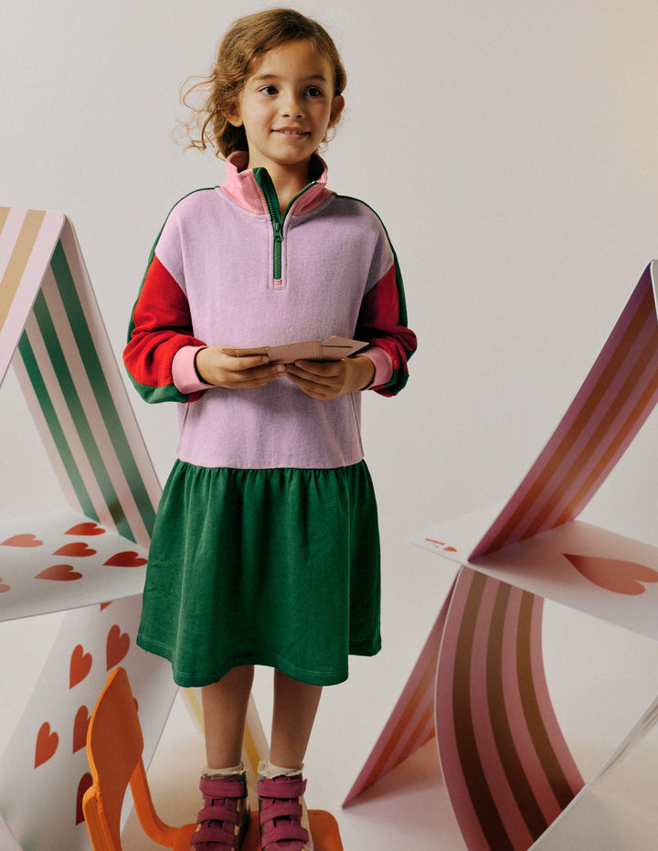 Half Zip Sweat Dress-Colour Block Marl